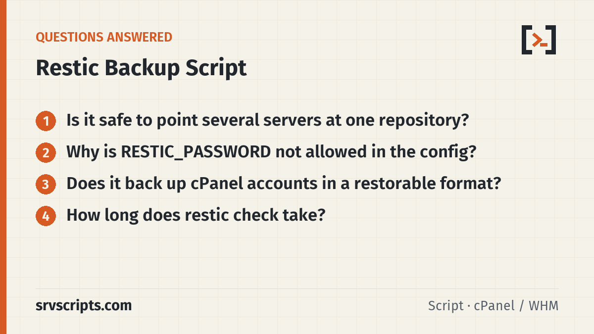 Restic Backup Script for Offsite Backups questions answered: Is it safe to point several servers at one repository? Why is RESTIC_PASSWORD not allowed in the config?