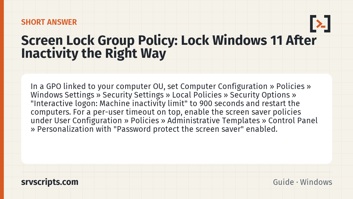 Screen Lock Group Policy summary card: In a GPO linked to your computer OU, set Computer Configuration » Policies » Windows Settings » Security Settings »…