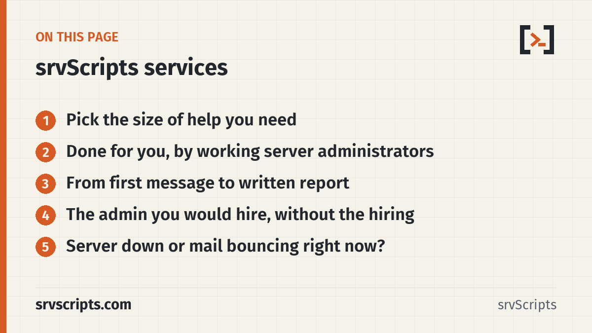 Services sections: Pick the size of help you need, Done for you, by working server administrators, From first message to written report…