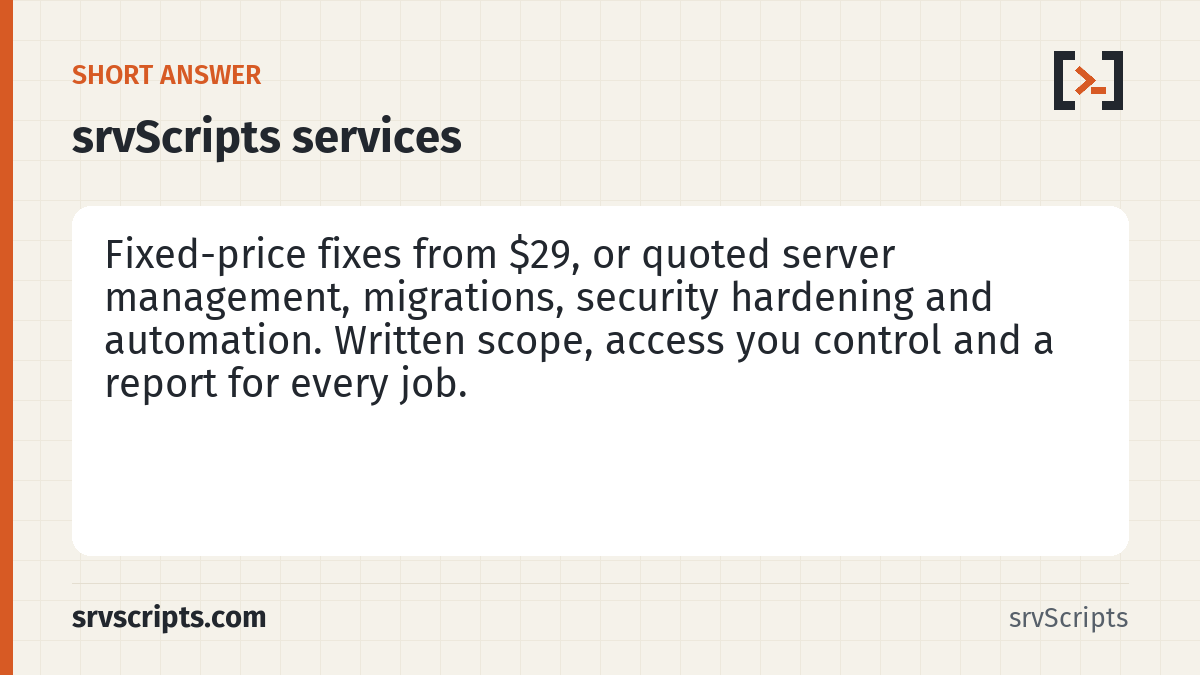 Services summary card: Server management, migrations, security hardening and automation for hosting companies, agencies and in-house IT teams…