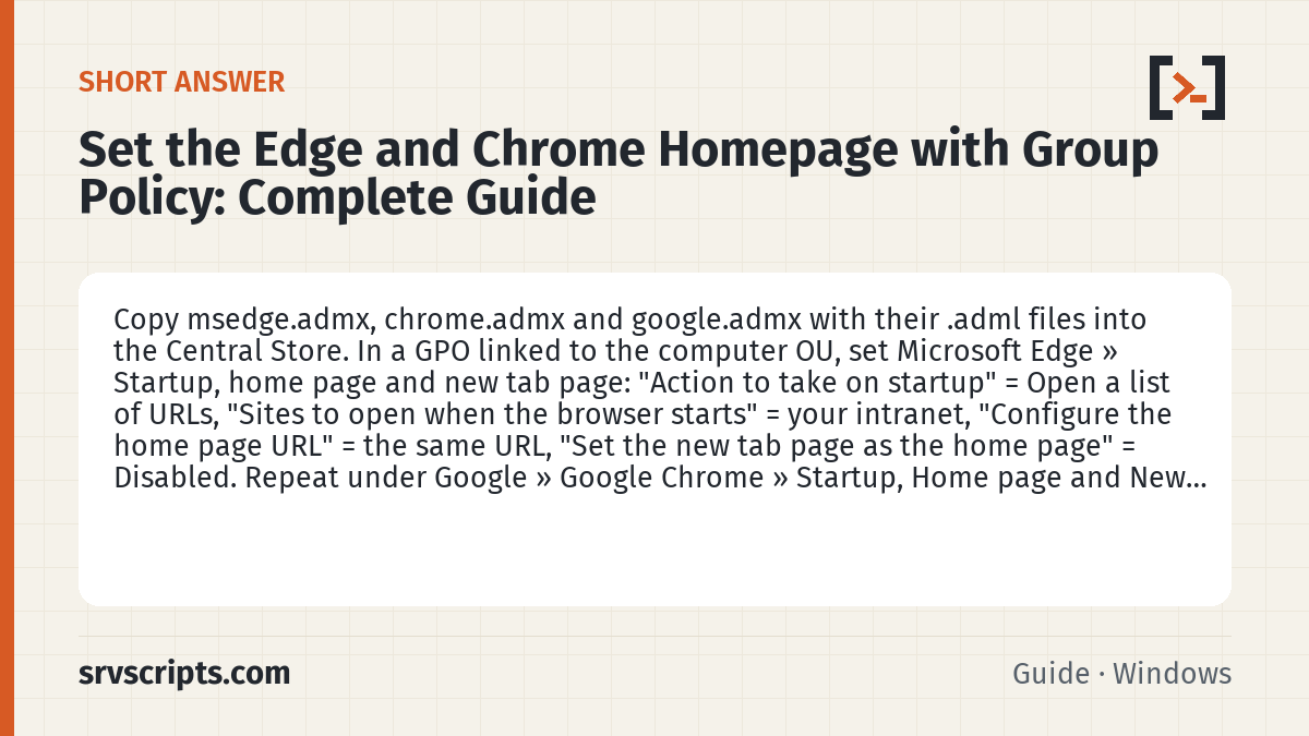 Set the Edge and Chrome Homepage with Group Policy summary card: Copy msedge.admx, chrome.admx and google.admx with their .adml files into the Central Store.