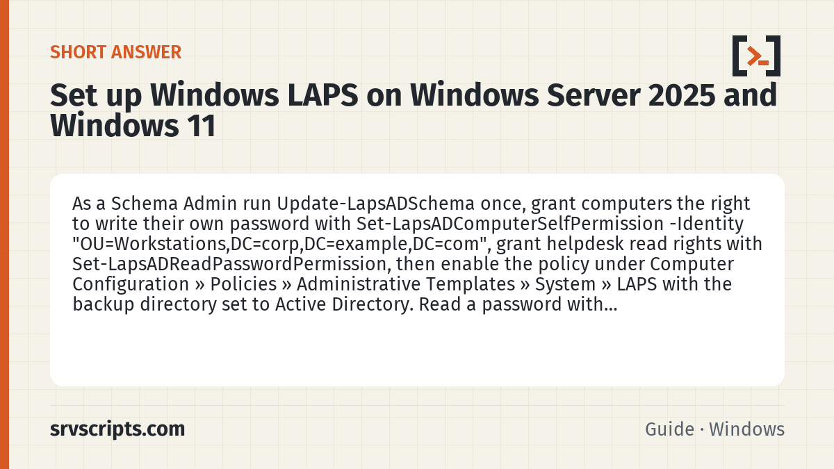 Set up Windows LAPS on Windows Server 2025 and Windows 11 summary card: As a Schema Admin run Update-LapsADSchema once, grant computers the right to write their own password with…