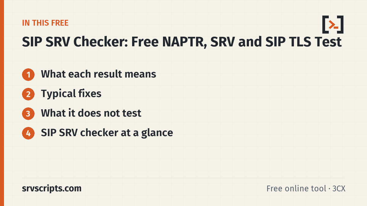 SIP SRV Checker sections: What each result means, Typical fixes and What it does not test