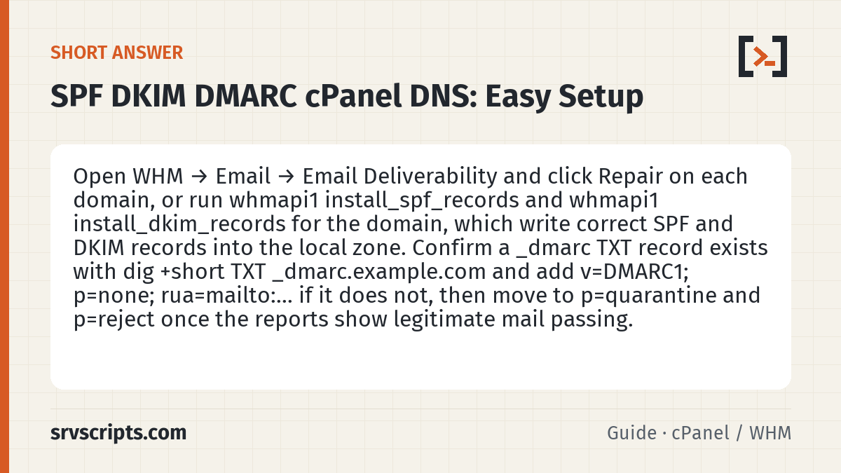 SPF, DKIM and DMARC in cPanel DNS summary card: Open WHM → Email → Email Deliverability and click Repair on each domain, or run whmapi1 install_spf_records and whmapi1…