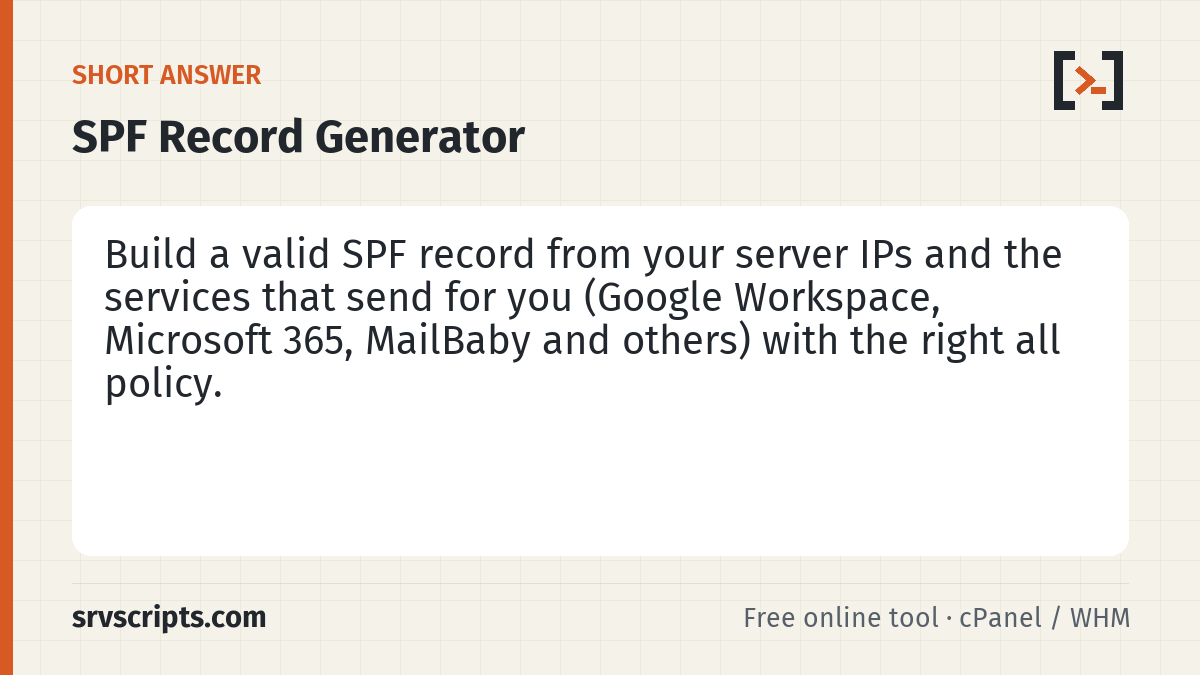 SPF Record Generator summary card: List every system that sends mail using your domain and get a single SPF record to publish as a TXT record on the…