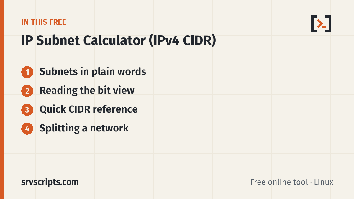 IP Subnet Calculator sections: Subnets in plain words, Reading the bit view, Quick CIDR reference and Splitting a network
