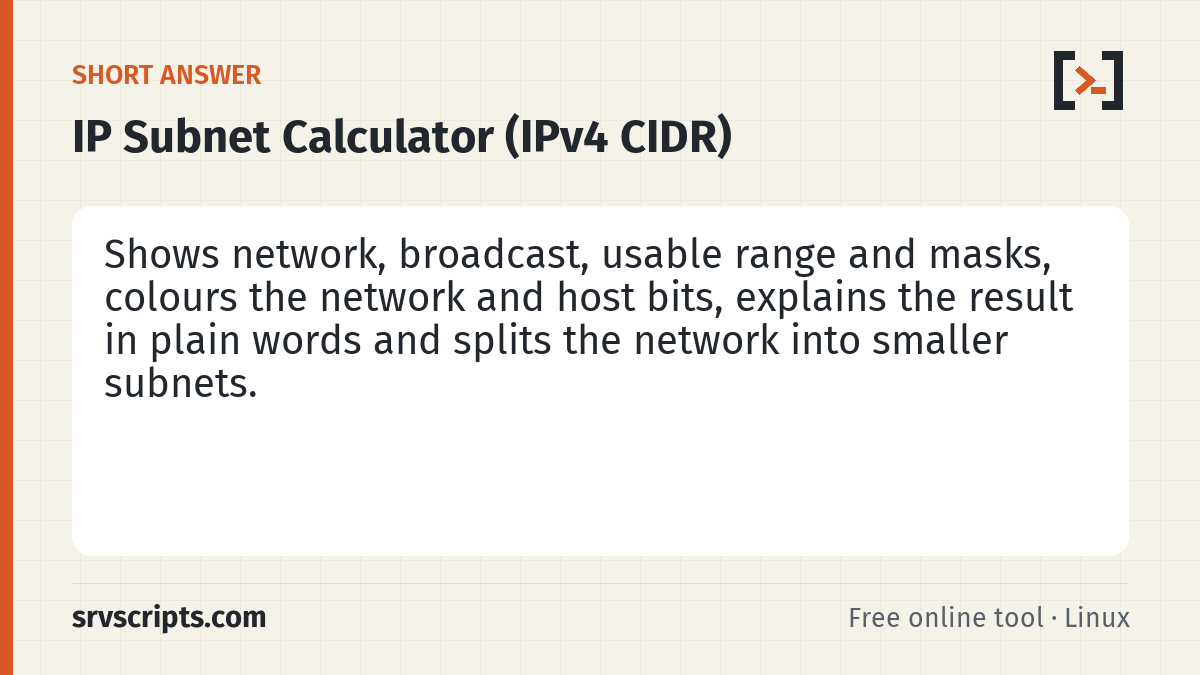 IP Subnet Calculator summary card: Type an IP address with a prefix such as /26 or a mask such as 255.255.255.192, or drag the slider.