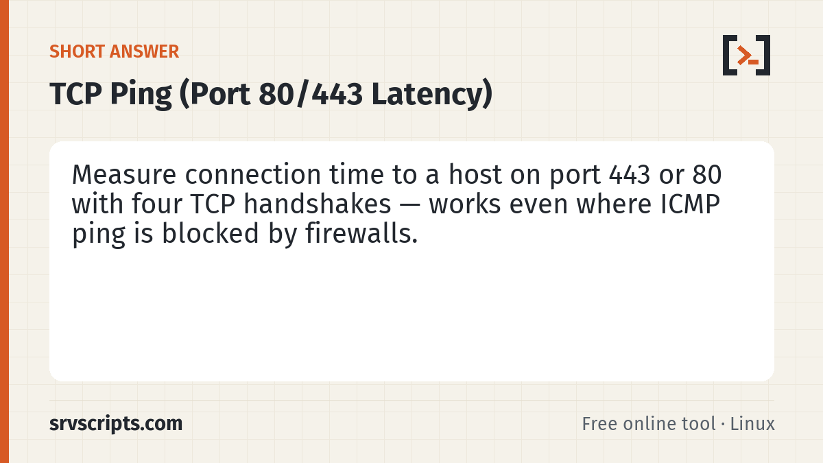 TCP Ping summary card: Classic ping uses ICMP, which many servers and clouds block.
