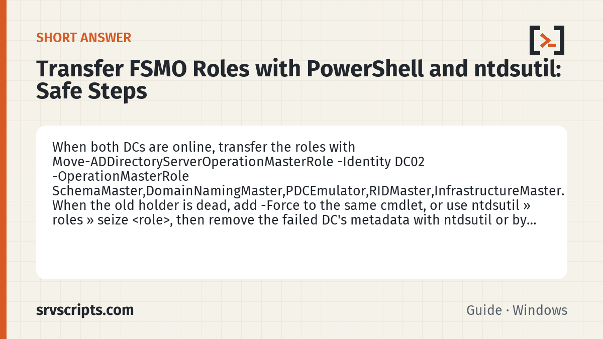 Transfer FSMO Roles with PowerShell and ntdsutil summary card: When both DCs are online, transfer the roles with Move-ADDirectoryServerOperationMasterRole -Identity DC02…