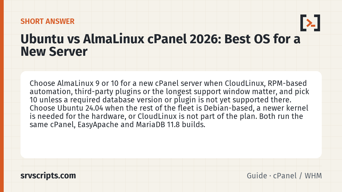 Ubuntu vs AlmaLinux cPanel 2026 summary card: Choose AlmaLinux 9 or 10 for a new cPanel server when CloudLinux, RPM-based automation, third-party plugins or the…
