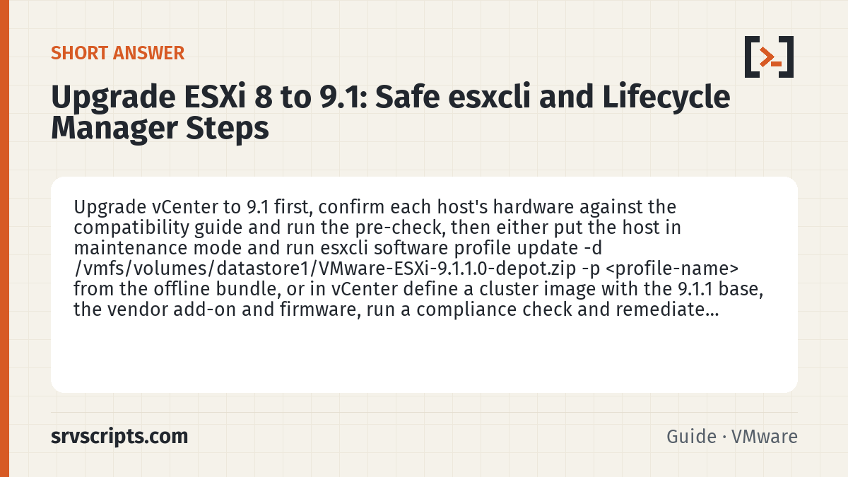 Upgrade ESXi 8 to 9.1 summary card: Upgrade vCenter to 9.1 first, confirm each host's hardware against the compatibility guide and run the pre-check, then…