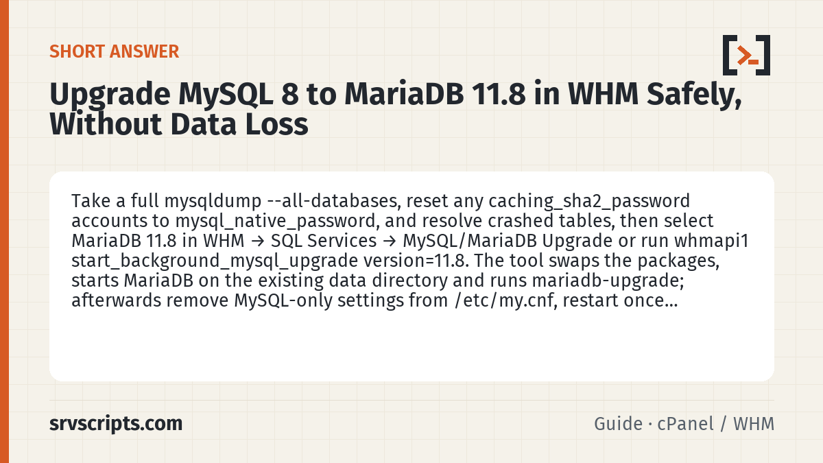 Upgrade MySQL 8 to MariaDB 11.8 in WHM Safely, Without Data summary card: Take a full mysqldump --all-databases, reset any caching_sha2_password accounts to mysql_native_password, and resolve…