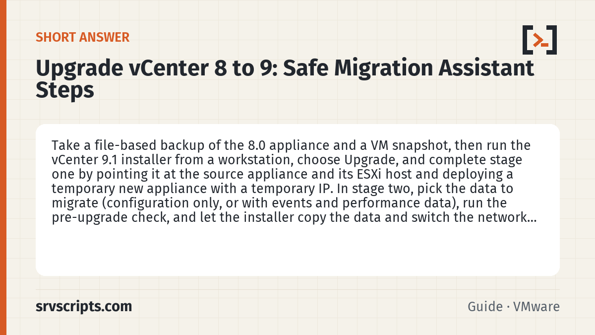Upgrade vCenter 8 to 9 summary card: Take a file-based backup of the 8.0 appliance and a VM snapshot, then run the vCenter 9.1 installer from a workstation…