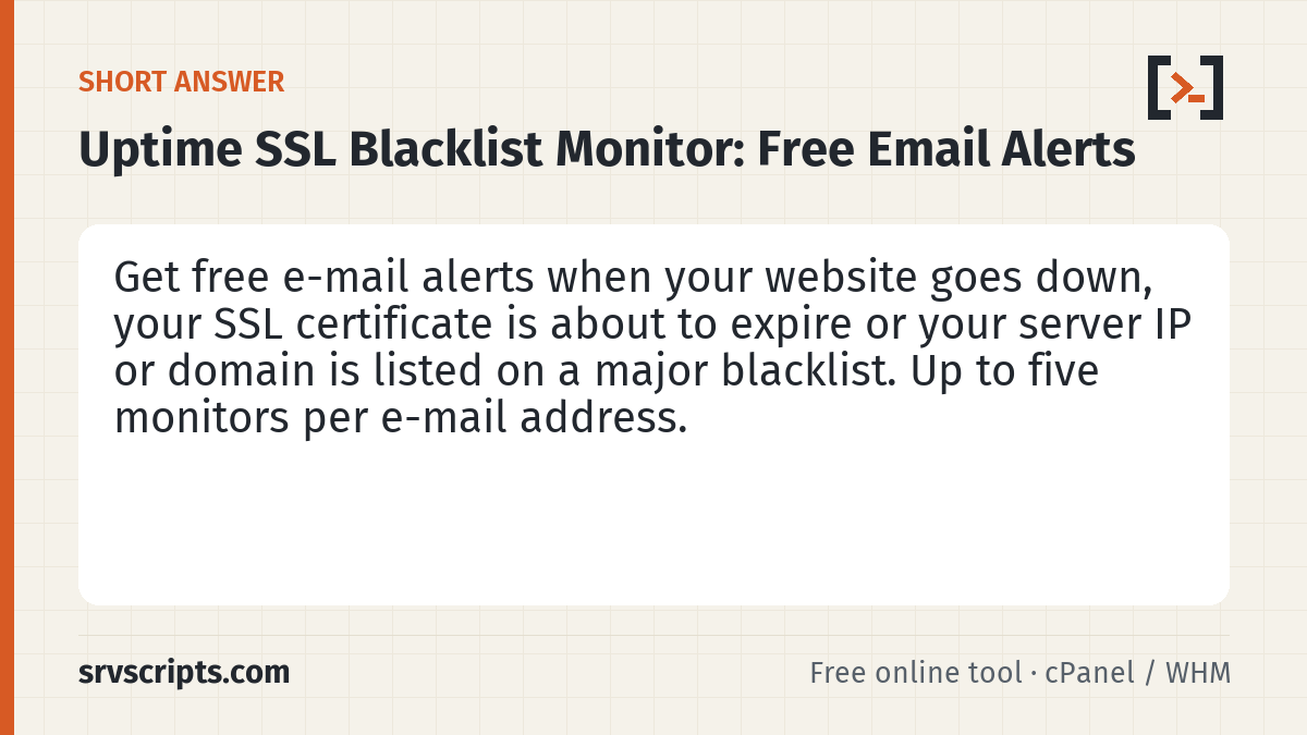 Uptime SSL Blacklist Monitor summary card: Choose what to watch, enter the website, host name or IP and your e-mail address.