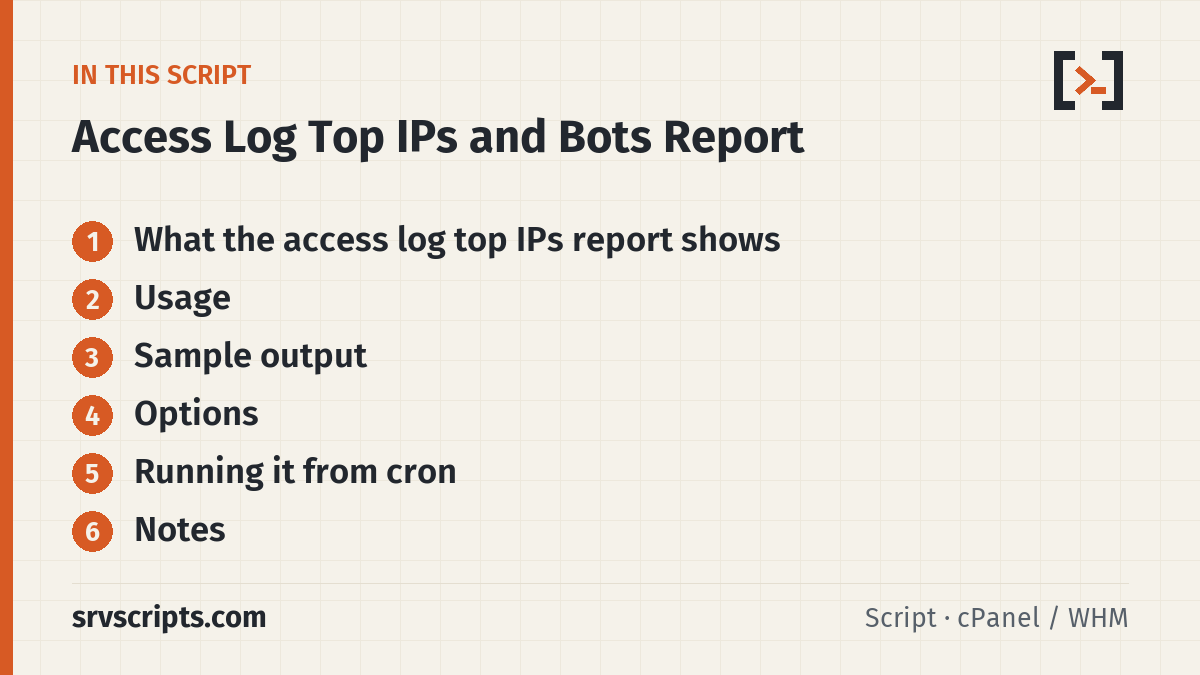 Access Log Top IPs and Bots Report sections: What the access log top IPs report shows, Usage, Sample output and Options