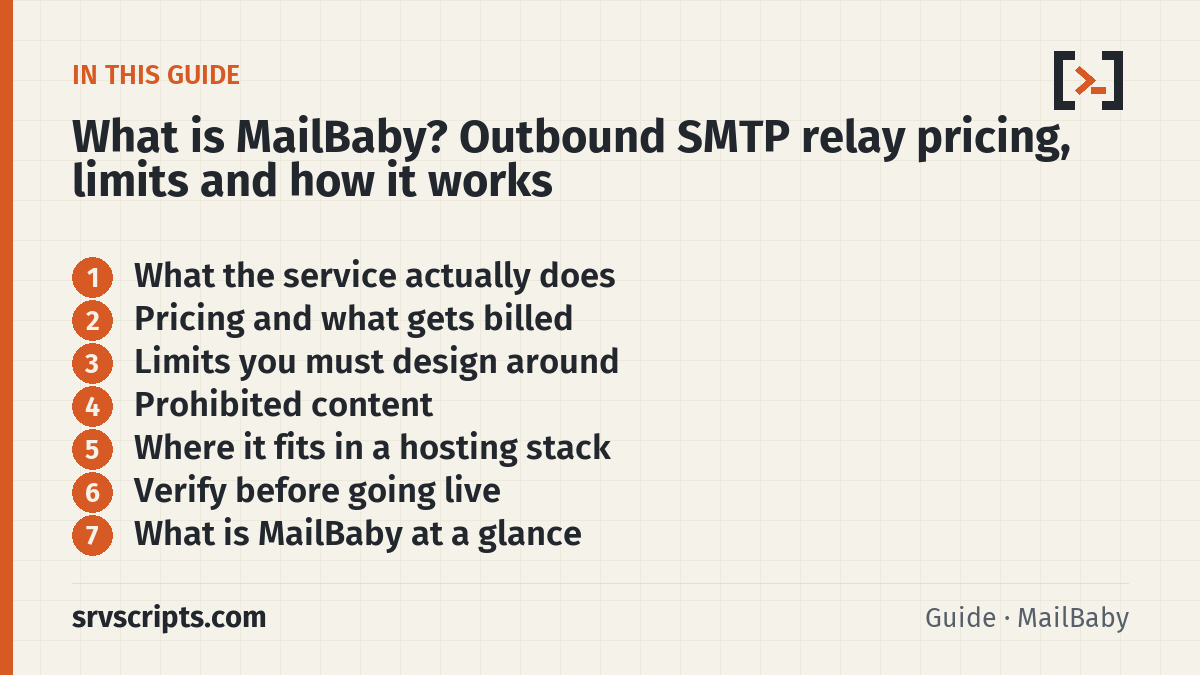What is MailBaby? Outbound SMTP relay pricing, limits and ho sections: What the service actually does, Pricing and what gets billed, Limits you must design around and Prohibited content