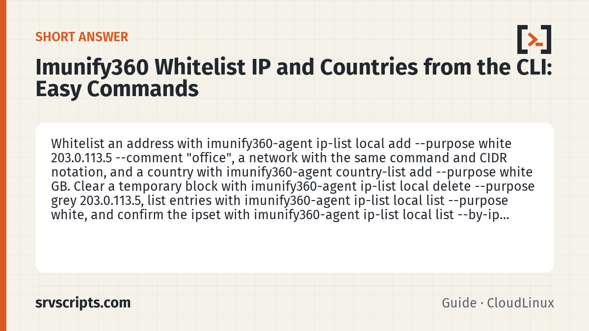 Imunify360 Whitelist IP and Countries from the CLI summary card: Whitelist an address with imunify360-agent ip-list local add --purpose white 203.0.113.5 --comment "office", a network…