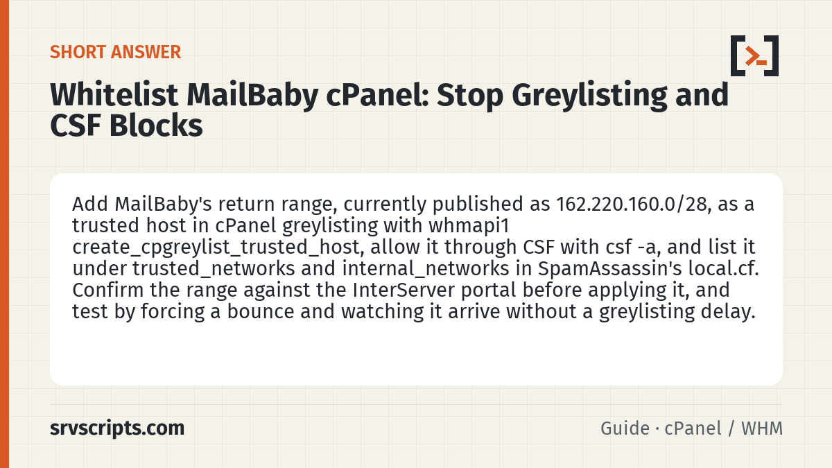 Whitelist MailBaby cPanel summary card: Add MailBaby's return range, currently published as 162.220.160.0/28, as a trusted host in cPanel greylisting with…