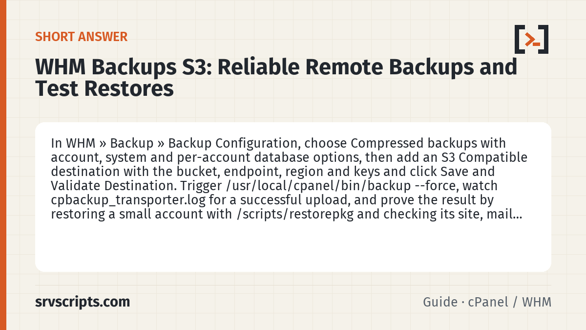 WHM Backups S3 summary card: In WHM » Backup » Backup Configuration, choose Compressed backups with account, system and per-account database…