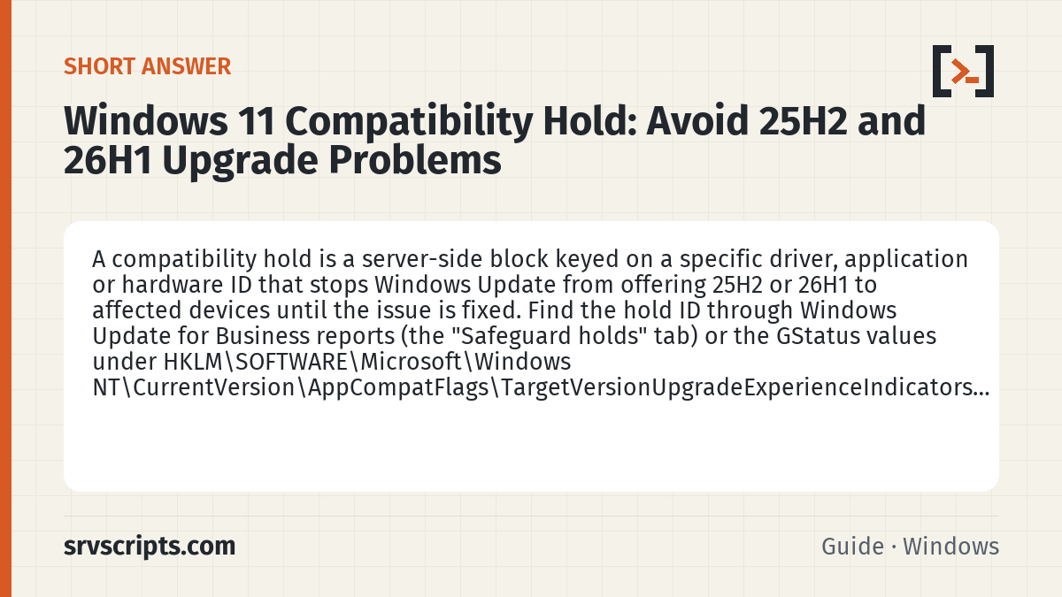 Windows 11 Compatibility Hold summary card: A compatibility hold is a server-side block keyed on a specific driver, application or hardware ID that stops Windows…