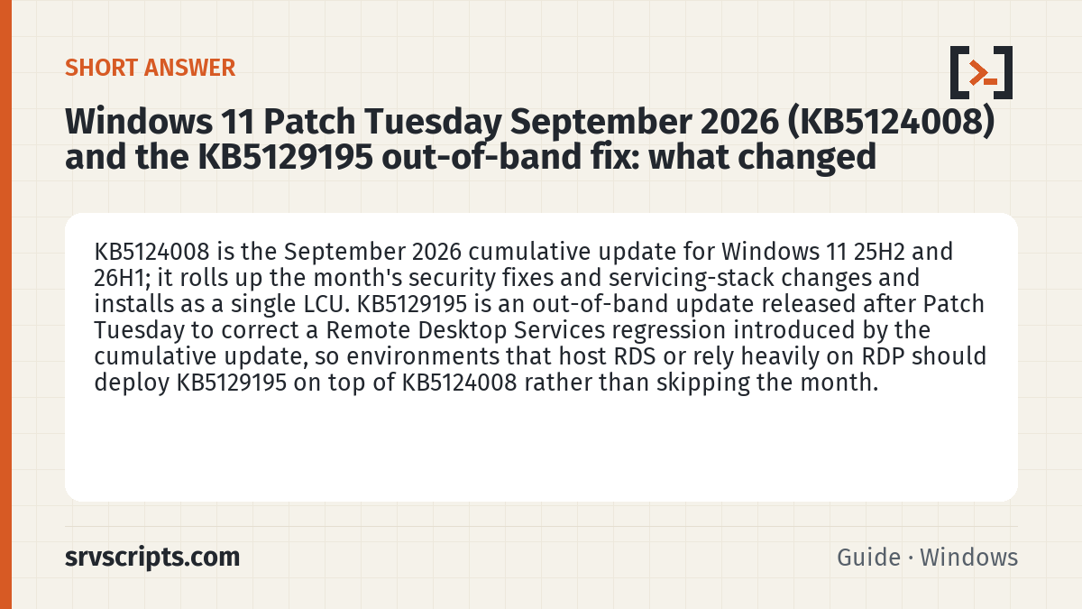 Windows 11 Patch Tuesday September 2026 summary card: KB5124008 is the September 2026 cumulative update for Windows 11 25H2 and 26H1; it rolls up the month's security fixes…
