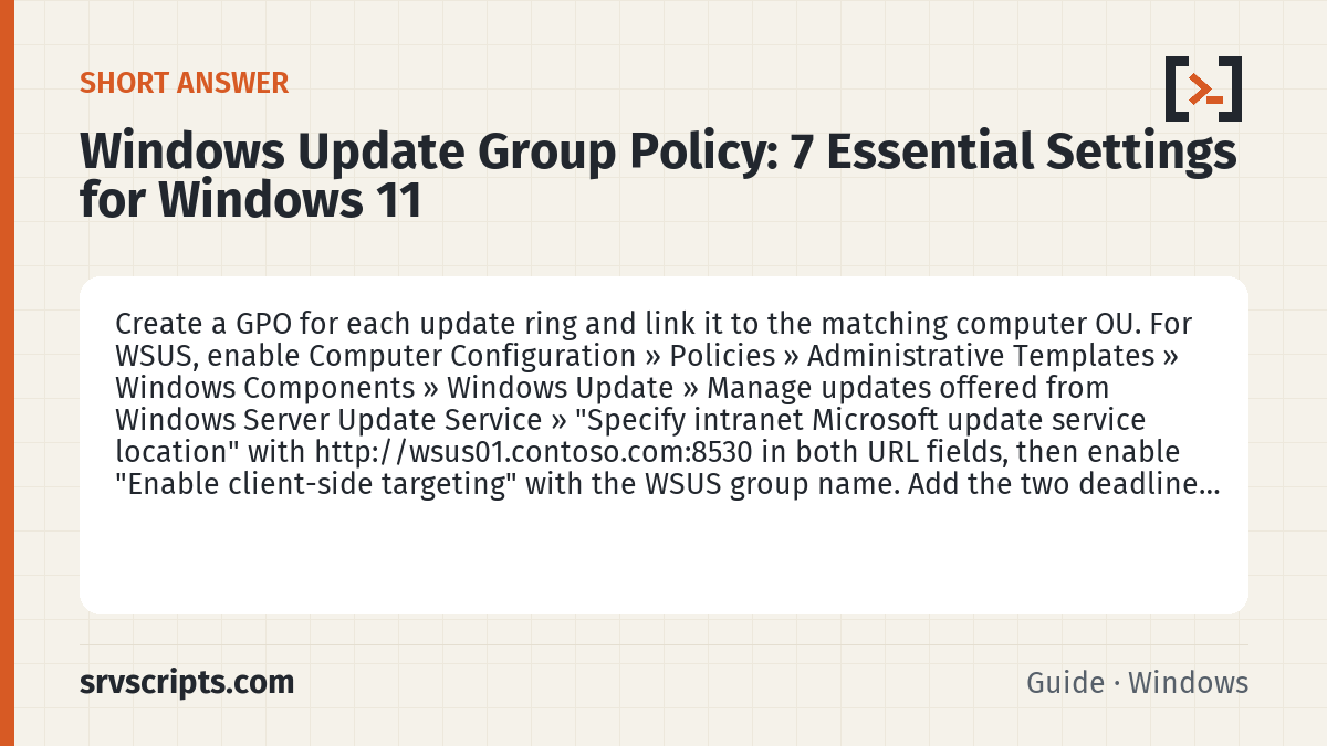 Windows Update Group Policy summary card: Create a GPO for each update ring and link it to the matching computer OU.