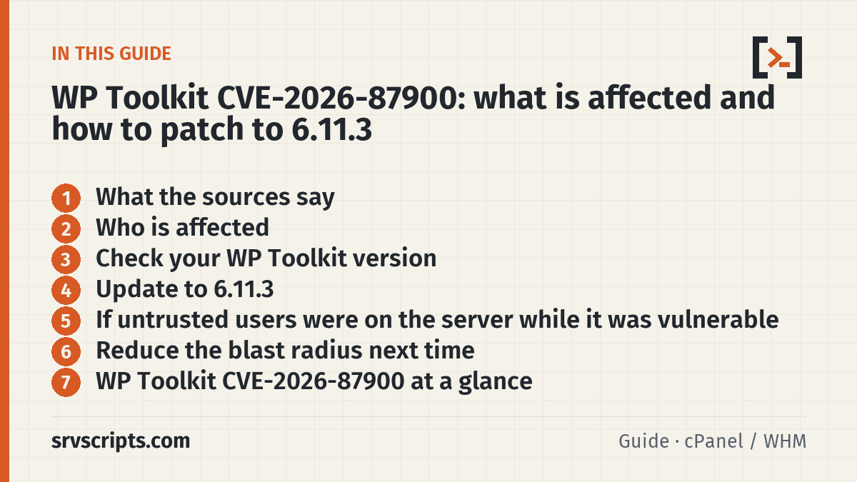WP Toolkit CVE-2026-87900 sections: What the sources say, Who is affected, Check your WP Toolkit version and Update to 6.11.3