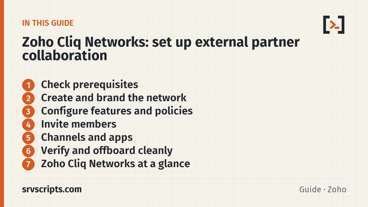 Zoho Cliq Networks sections: Check prerequisites, Create and brand the network, Configure features and policies and Invite members