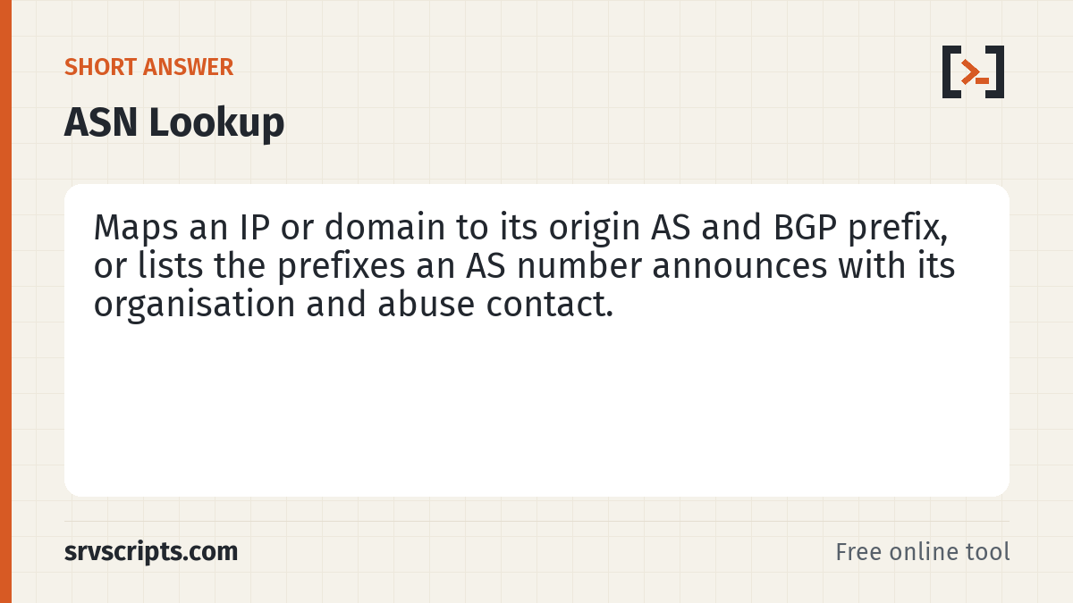 ASN Lookup summary card: Enter an IP address, a hostname or an AS number such as AS13335.