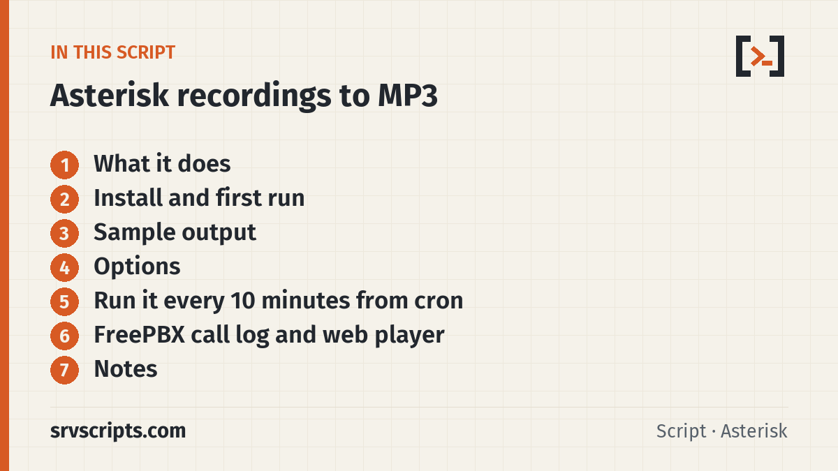 Asterisk Recordings to MP3 sections: What it does, Install and first run, Sample output and Options