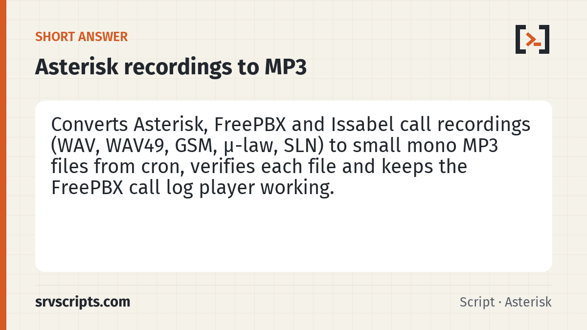 Asterisk Recordings to MP3 summary card: Call recordings fill a PBX disk faster than anything else.