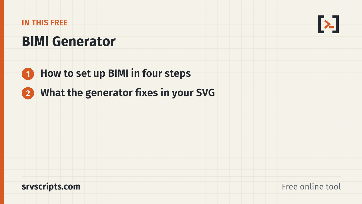 BIMI Generator sections: How to set up BIMI in four steps and What the generator fixes in your SVG