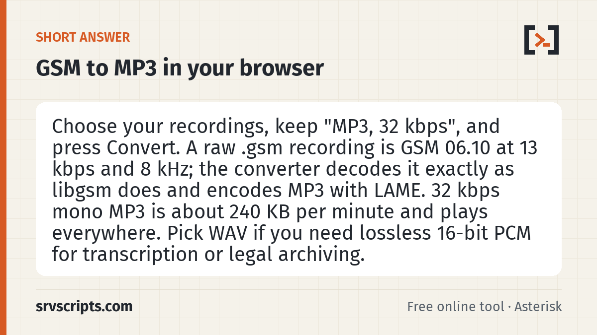 Call Recording Converter summary card: Choose your recordings, keep "MP3, 32 kbps", and press Convert.