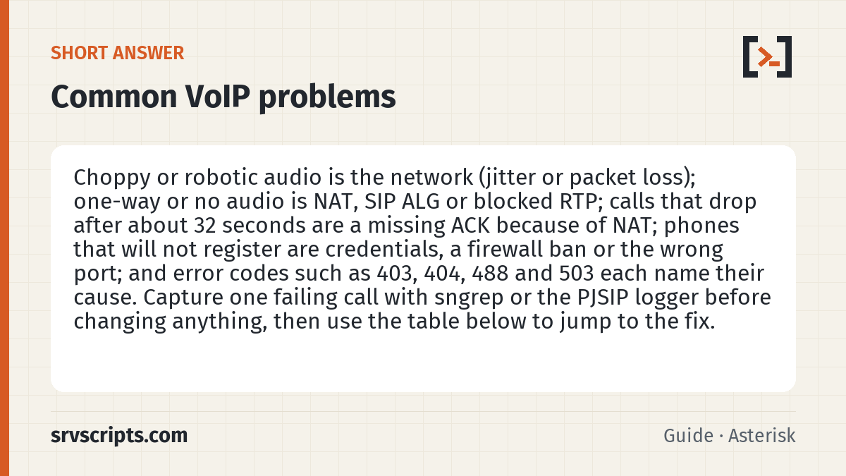 Common VoIP problems summary card: Choppy audio is the network, one-way audio is NAT or SIP ALG, drops at 32 seconds are a missing ACK, and SIP error codes name their cause.