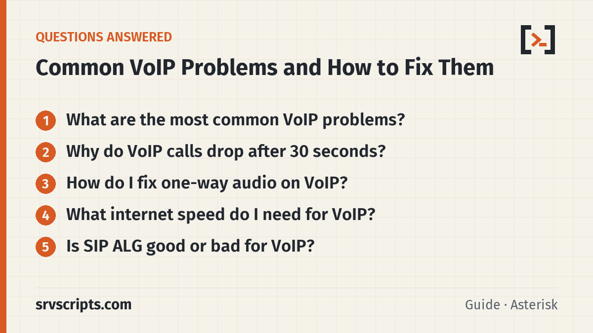 Common VoIP problems questions answered: most common problems, calls dropping after 30 seconds, one-way audio, internet speed for VoIP, SIP ALG
