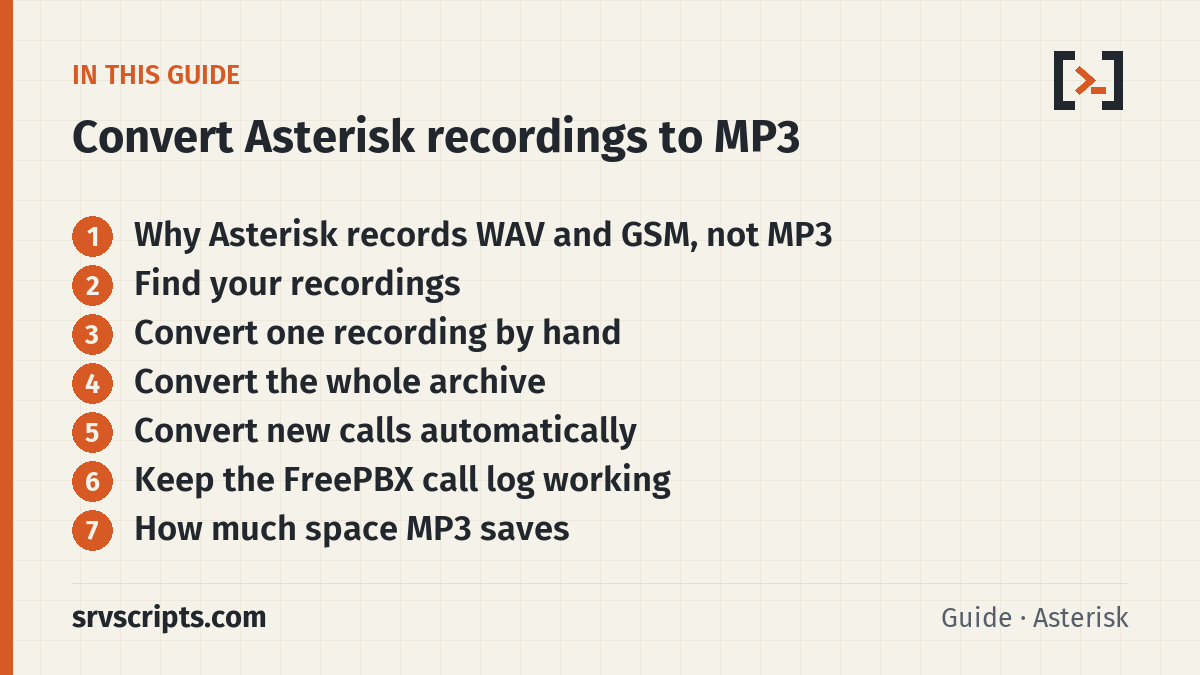 Convert Asterisk Call Recordings to MP3 sections: Why Asterisk records WAV and GSM, not MP3, Find your recordings, Convert one recording by hand and Convert the whole…