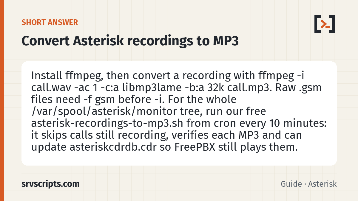 Convert Asterisk Call Recordings to MP3 summary card: Install ffmpeg, then convert a recording with ffmpeg -i call.wav -ac 1 -c:a libmp3lame -b:a 32k call.mp3.