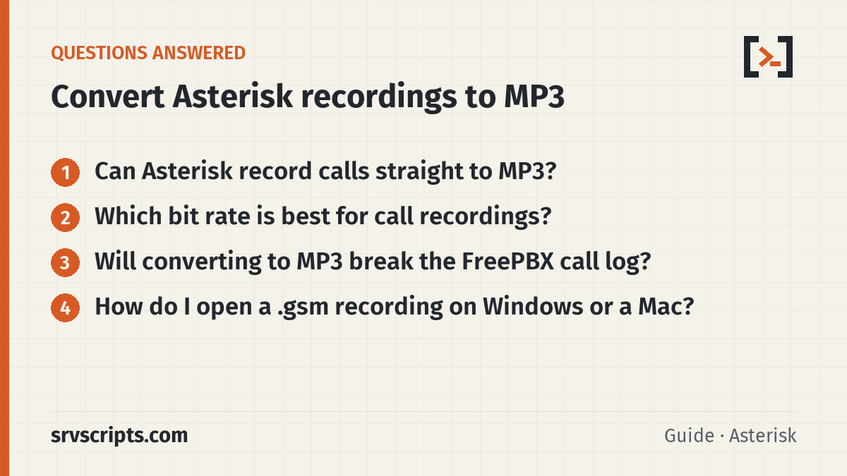 Convert Asterisk Call Recordings to MP3 questions answered: Can Asterisk record calls straight to MP3? Which bit rate is best for call recordings?