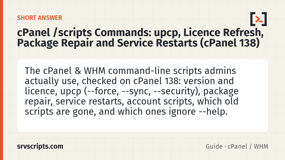 cPanel Scripts Guide: upcp, cpkeyclt and check_cpanel_pkgs – summary card