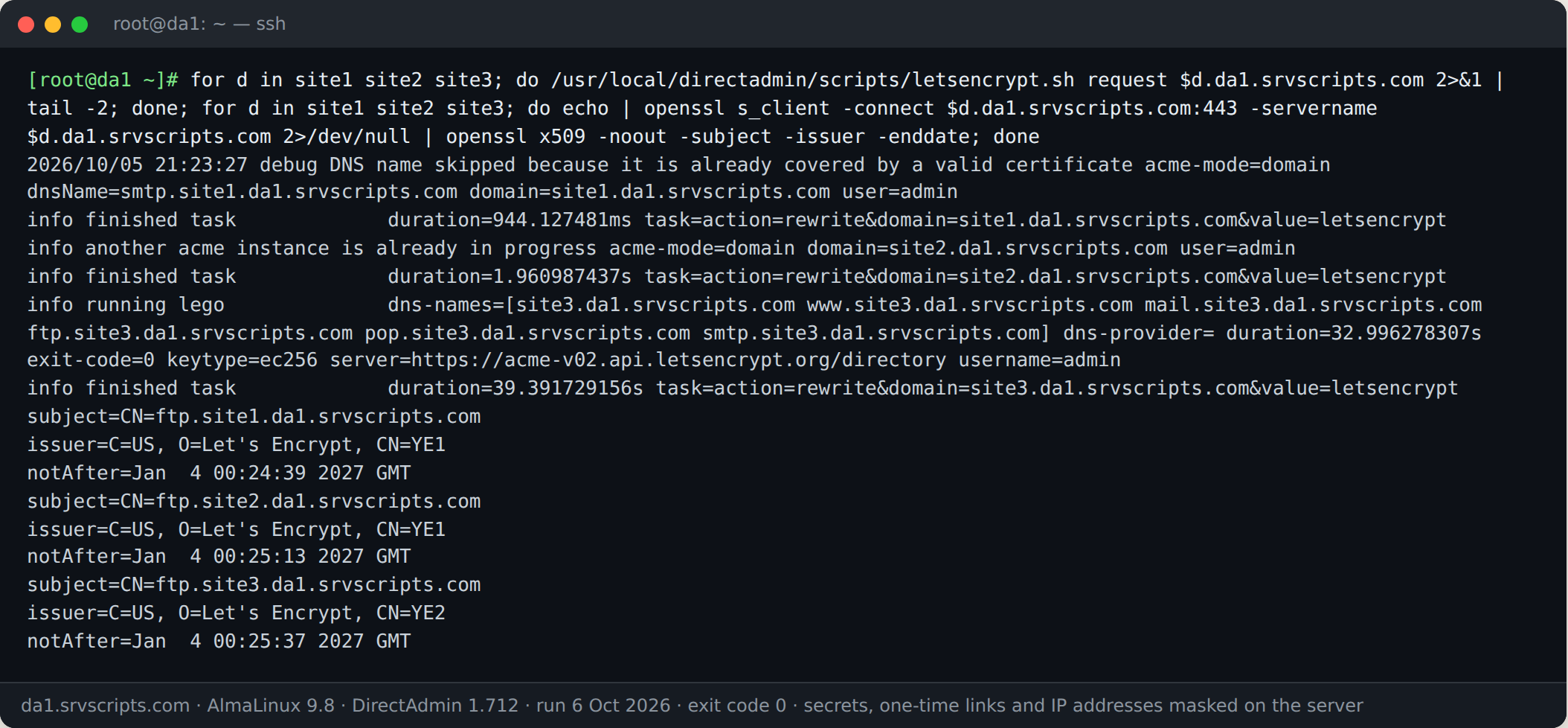 Terminal: Let's Encrypt certificates for three new DirectAdmin domains. DirectAdmin 1.712, 6 Oct 2026.
