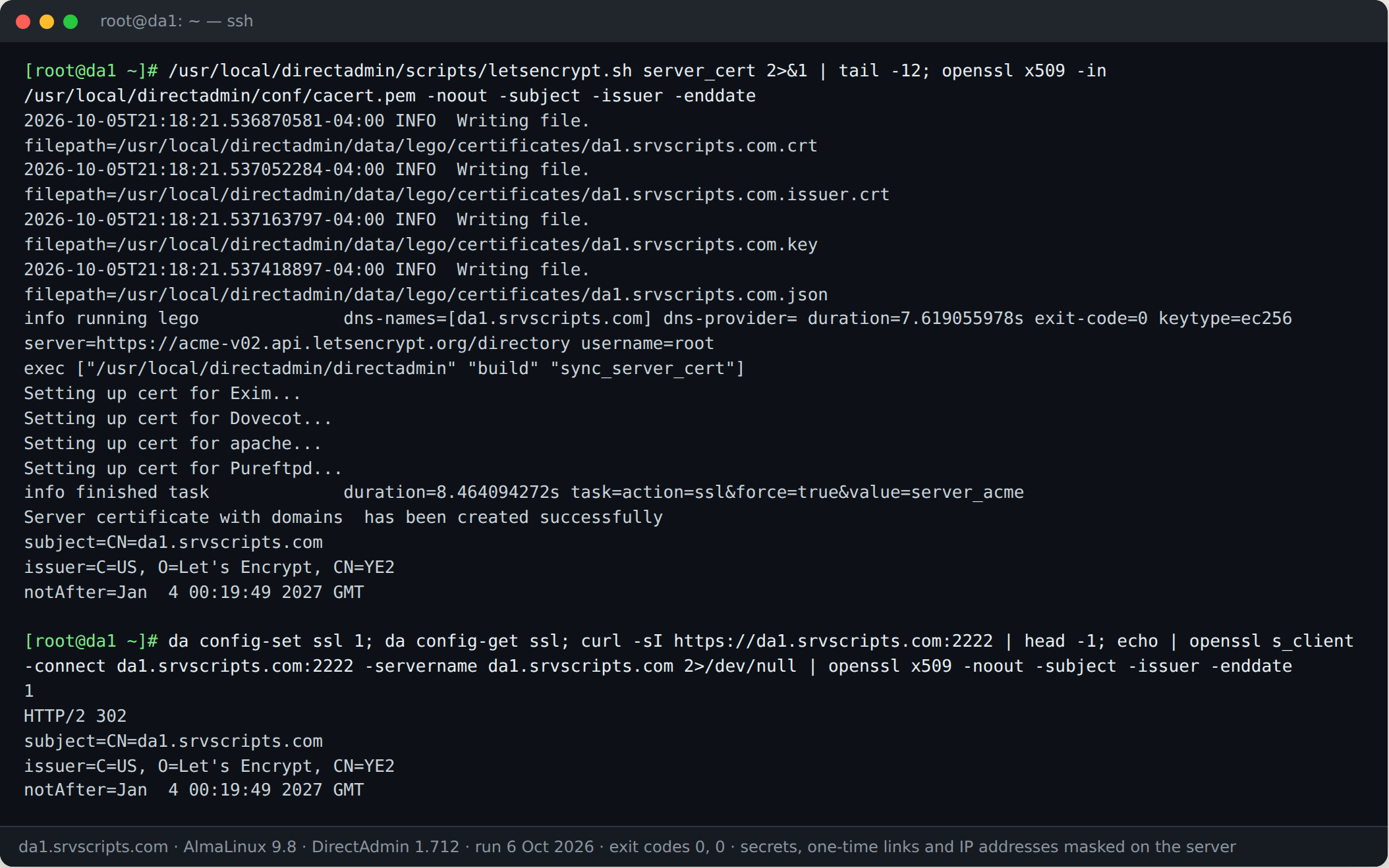 DirectAdmin hostname certificate issued with letsencrypt.sh server_cert, then ssl=1