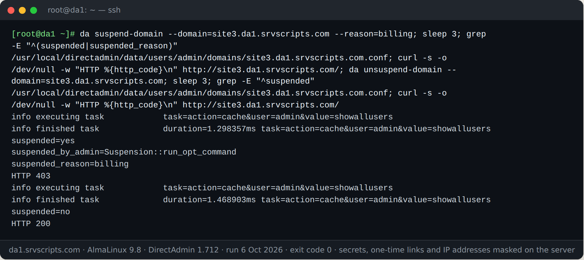 da suspend-domain and da unsuspend-domain on DirectAdmin 1.712