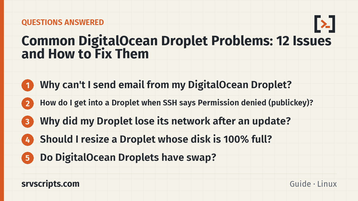 DigitalOcean Droplet questions answered: sending email, SSH permission denied, lost network, resizing a full disk, swap