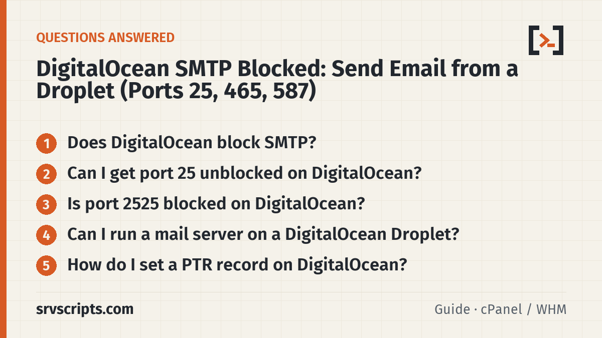 DigitalOcean SMTP questions answered: is SMTP blocked, unblocking port 25, port 2525, running a mail server, PTR records