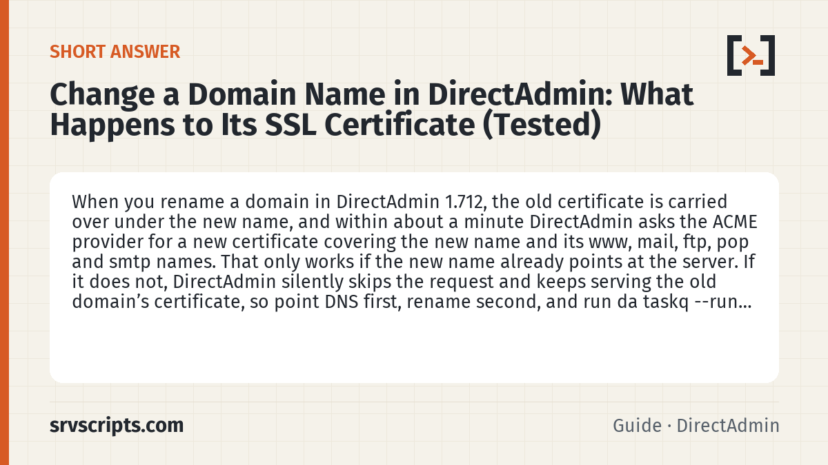 DirectAdmin domain rename and SSL summary card: When you rename a domain in DirectAdmin 1.712, the old certificate is carried over under the new name, and within about…