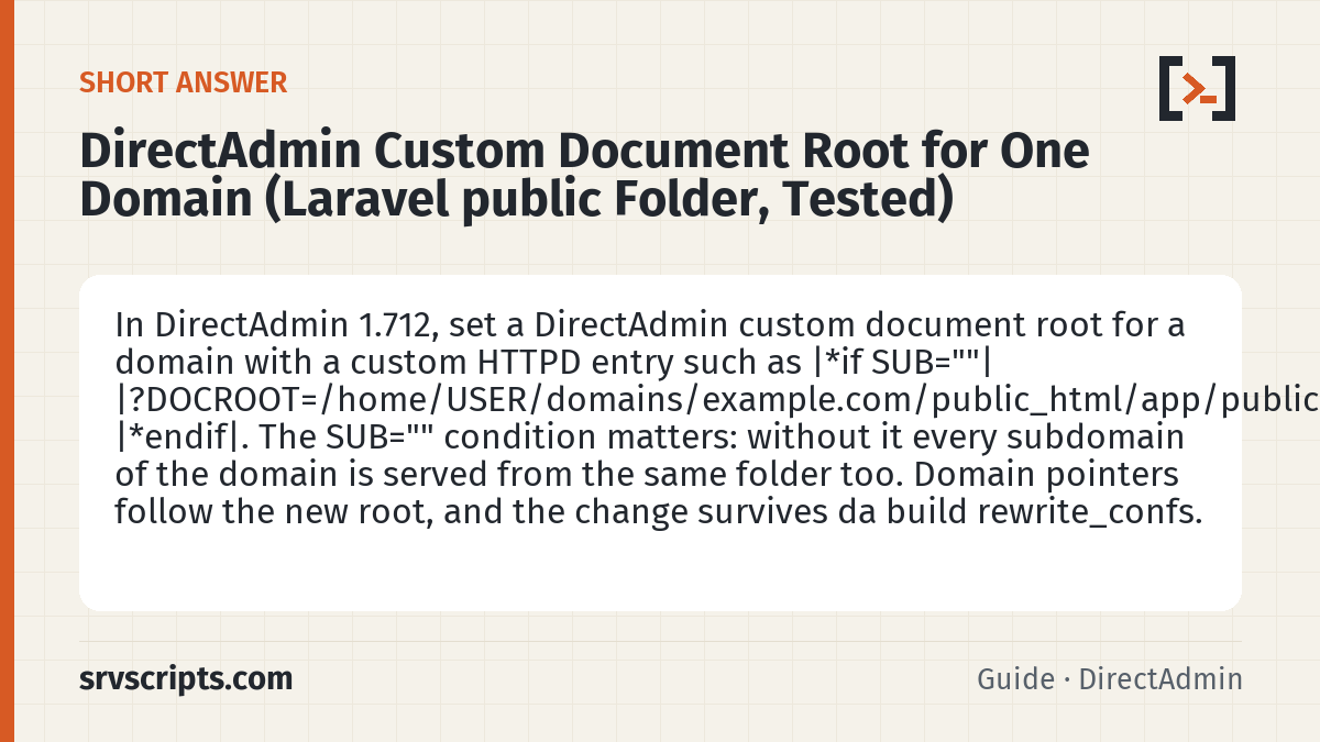 DirectAdmin Custom Document Root for One Domain (Laravel public Folder, Tested) summary card: In DirectAdmin 1.712, set a DirectAdmin custom document root for a domain with a custom HTTPD entry such as |*if SUB=""| |?DOCROOT=/home/USER/d…