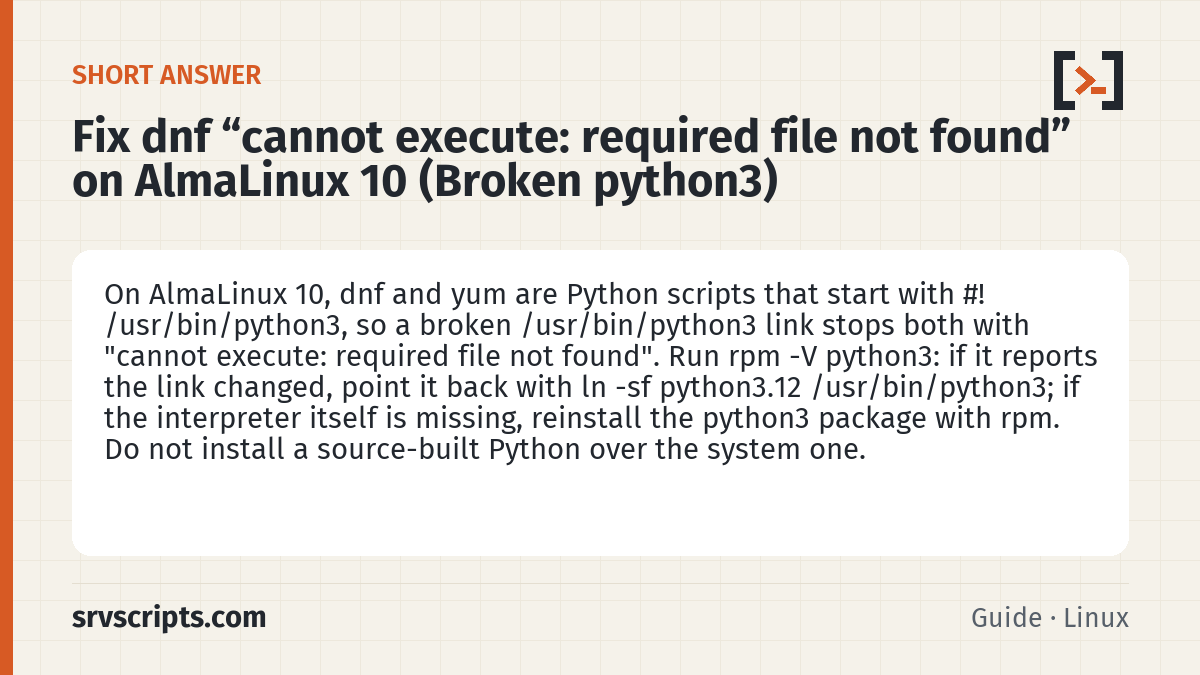 Fix dnf "cannot execute: required file not found" on AlmaLinux 10 (Broken python3) summary card: On AlmaLinux 10, dnf and yum are Python scripts that start with #! /usr/bin/python3, so a broken /usr/bin/python3 link s…