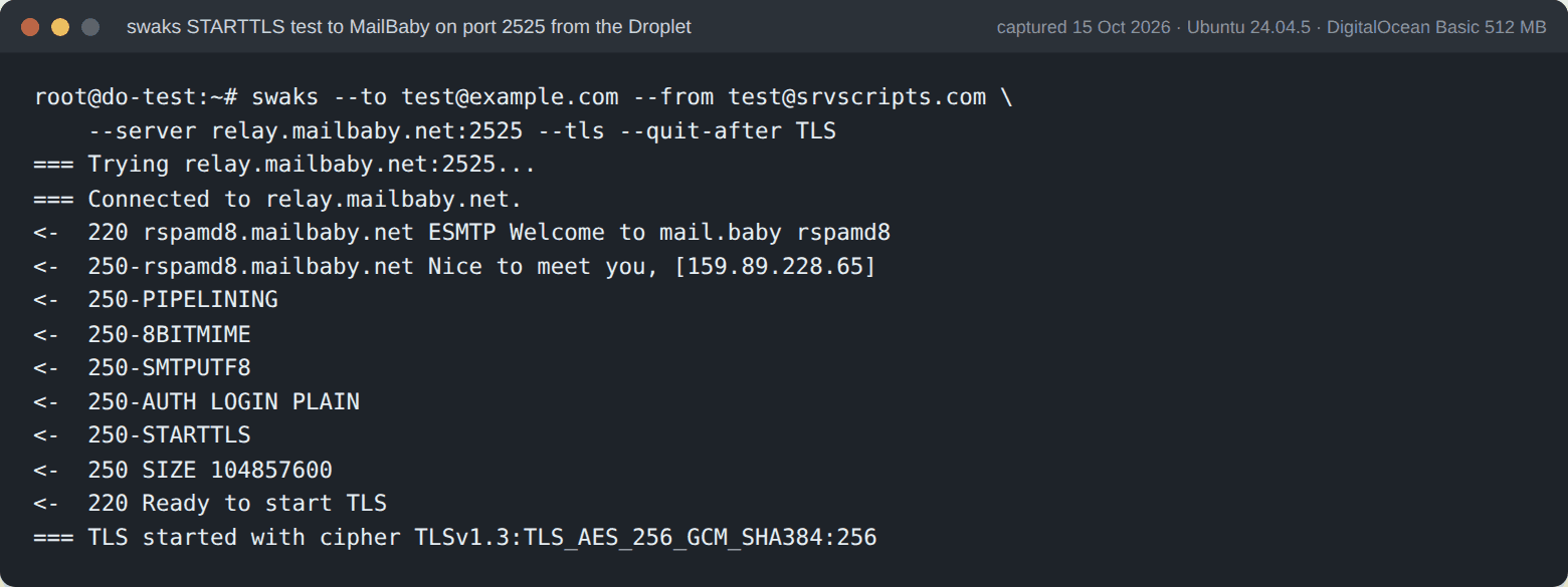 swaks output from a DigitalOcean Droplet: relay.mailbaby.net on port 2525 offers AUTH LOGIN PLAIN and STARTTLS, and TLS 1.3 starts