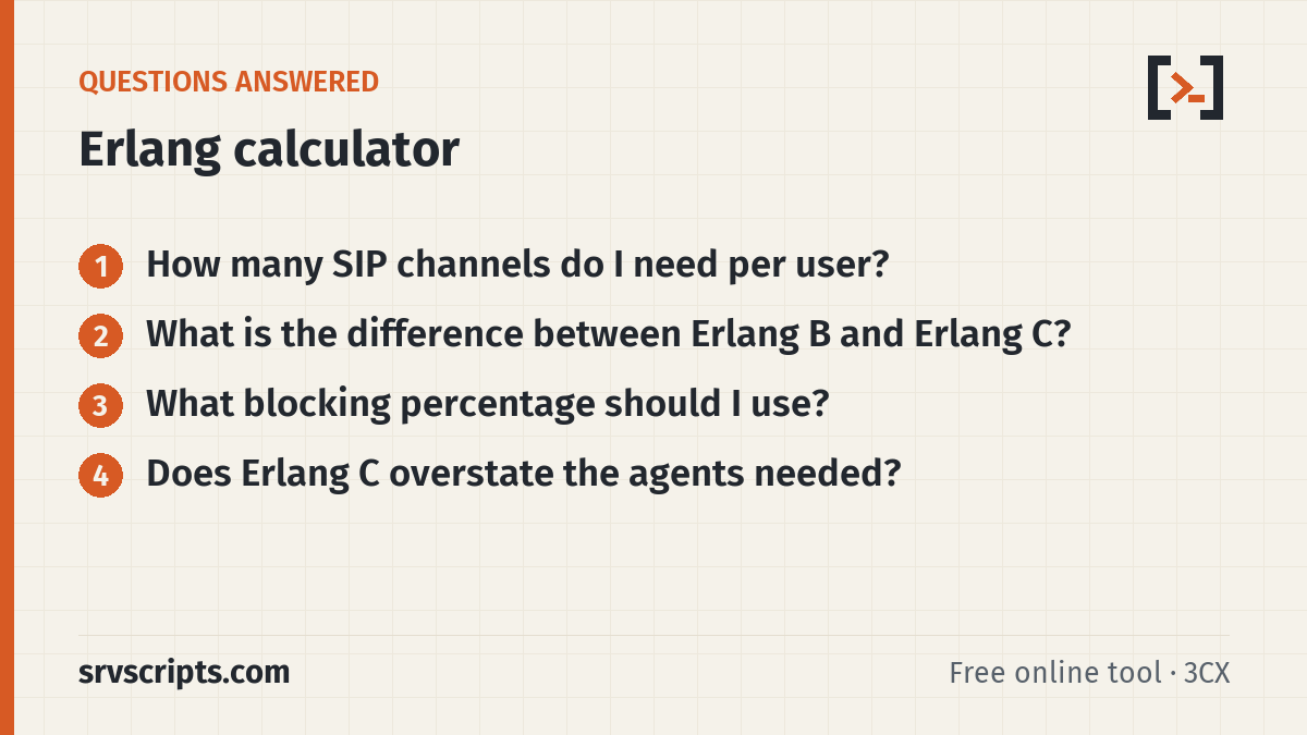 Erlang Calculator questions answered: How many SIP channels do I need per user? What is the difference between Erlang B and Erlang C?