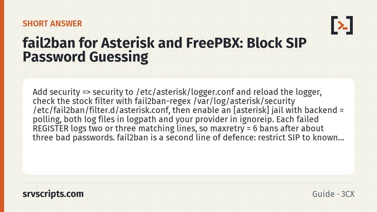 fail2ban for Asterisk summary card: Add security => security to /etc/asterisk/logger.conf and reload the logger, check the stock filter with fail2ban-regex…